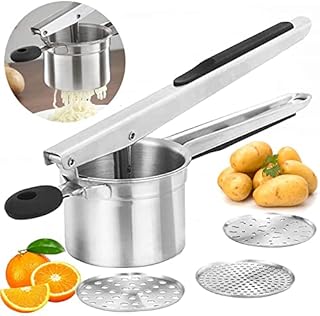 Potato Ricer Set with 3 Interchangeable Discs (Fine, Medium, Coarse) and Grip Handle Stainless Steel Potato Masher Large Capacity Fruit Masher Juicer Vegetable Strainer Manual Kitchen Gadget