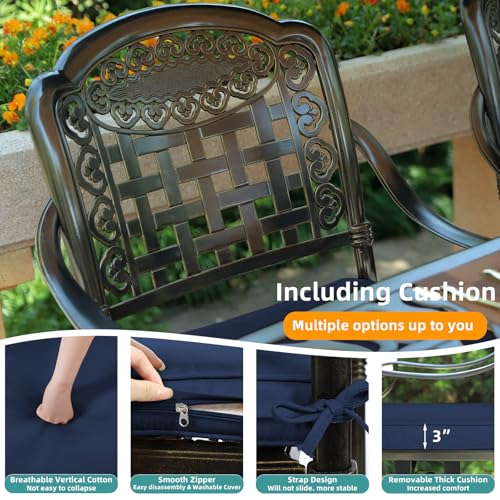 Image of MEETWARM 7-Piece Outdoor Patio Dining Set, All-Weather Cast Aluminum Patio Conversation Set with 4 Stationary, 2 Swivel Rocker Chairs, 1 Rectangular Table, 6 Cushions, 2 inch Umbrella Hole, Navy Blue