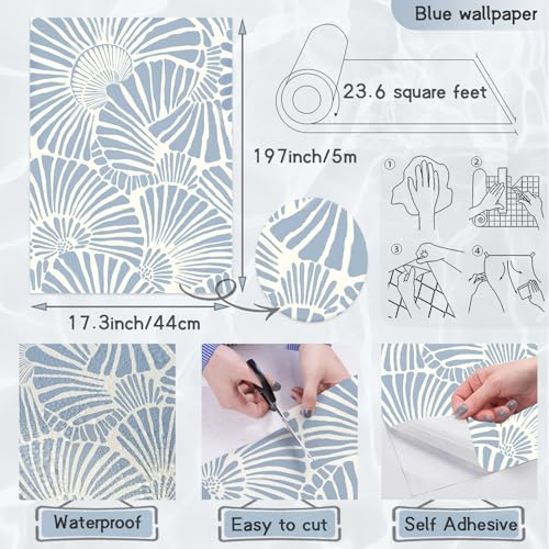 White and Blue Wallpaper Peel and Stick Wallpaper Boho 17.3"×197" Modern Wallpaper Self Adhesive Removable Wall Paper for Bedroom Blue Contact Paper for Cabinets Drawers Shelf Home Decor Vinyl Film by Theper - Image 3