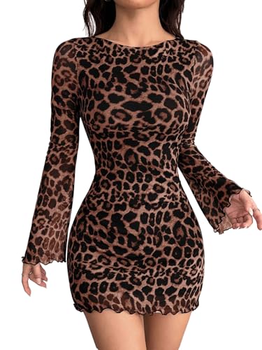 SweatyRocks Kleid Damen Langarm Leo Kleid Y2K Minikleid Leopardenmuster Mesh Langarmkleid Leprint Kleider Bodycon Partykleid mit Glockenärmeln...