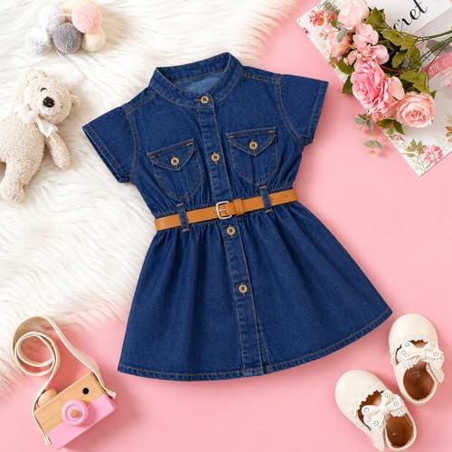Image of Bold N Elegant Girl's Short Sleeve Front Open Stylish Cute Cotton Denim Dress Frock Tunic with PU Leather Belt and Pockets for Infant Toddler Baby Girls