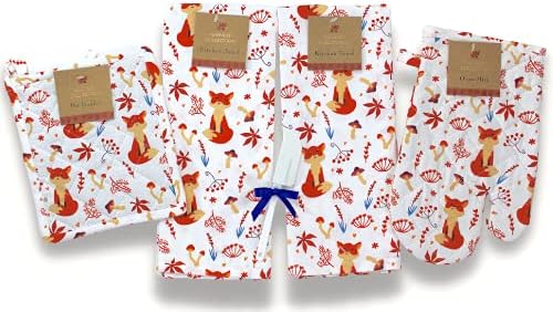 Serafina Home Fall Fox Kitchen Towels and Pot Holder Set: Autumn Woodland Creatures