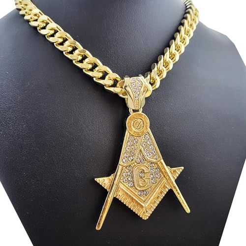 Iced Gold Plated Simulated Diamond Large Masonic Freemason Charm Pendant & 10mm 18" 20" 24" 30" Cuban Chain Hip Hop Rapper Style Jewelry Fashion Necklace Gift, halloween2
