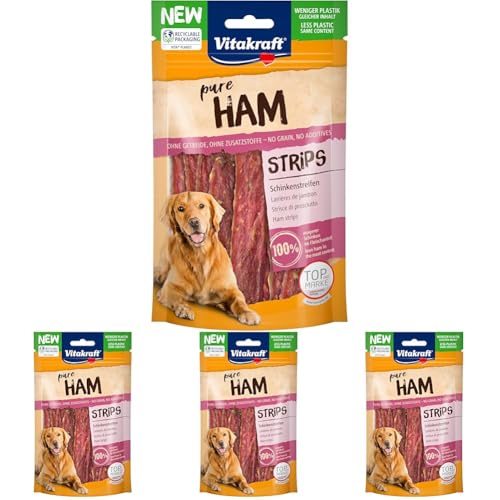 Vitakraft Pure Ham Strips, snack cane, strisce di prosciutto con carne di maiale, snack per l’addestramento del cane, senza zuccheri aggiunti (1x 80g) (Confezione da 4)