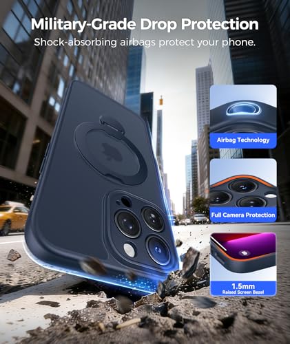 Image of FNTCASE for iPhone 13 Pro-Max Case: [360 Spin Magnetic Stand] [Compatible with Magsafe] [Screen Protector] Translucent Matte Military Grade Shockproof Full Camera Protective Phone Cover - Deep Blue