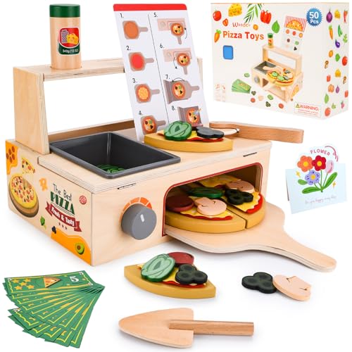 JOYBOY Pizza Juegos de Madera,Juguete de Pizza de Madera,Set Pizza de Madera,Accesorios de Cocina para Niños,Juguetes de Cocina para Niños,Juego de rol,Accesorios de Cocina para Niños y Niñas