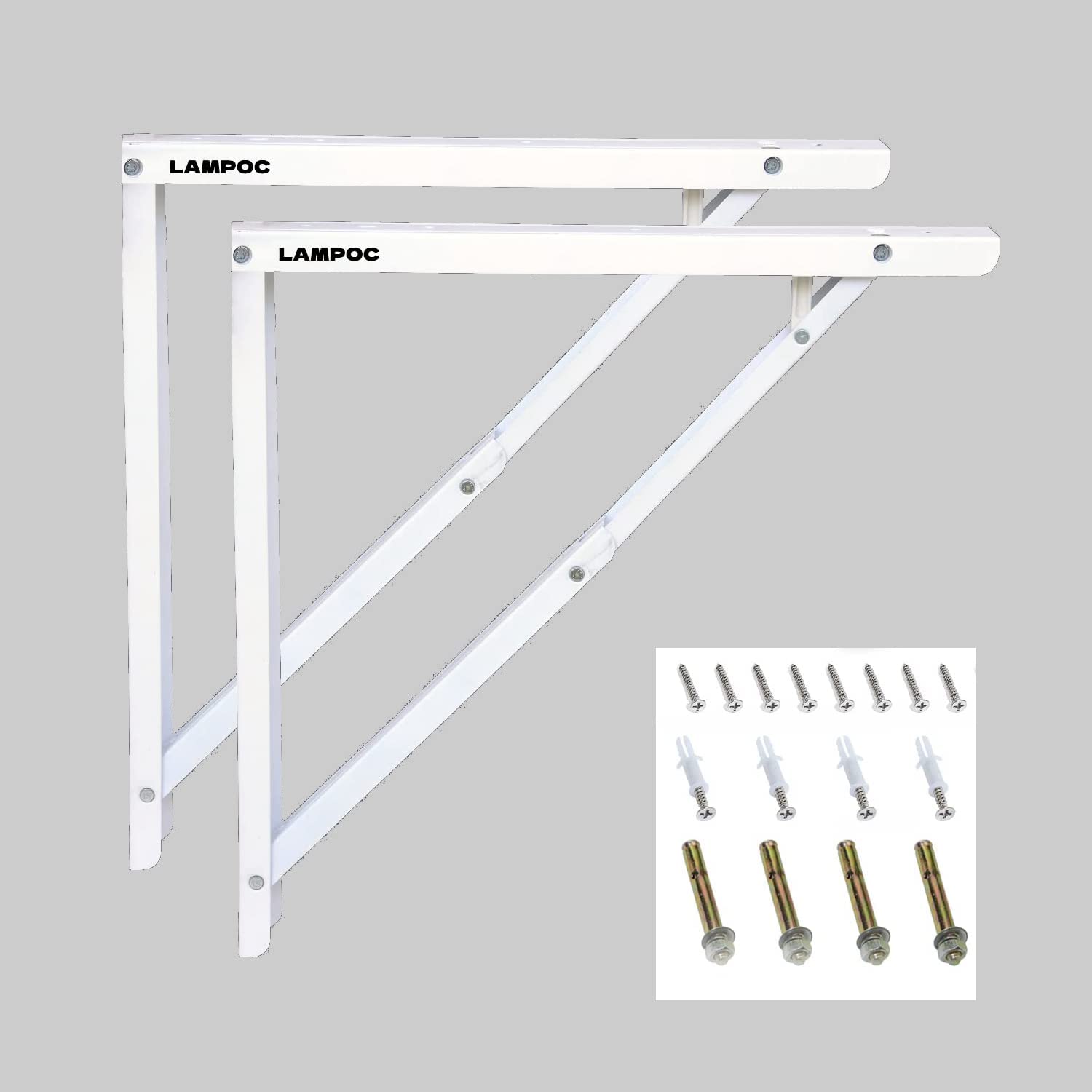 LAMPOC Folding Shelf Table Brackets, Max Load 100kgs Folding Shelf Table Hinge Wall Mounted, Heavy Duty Powder Coated Steel Shelf Bracket|Only Brackets with screws and plugs (12 inch Bracket, White) 1