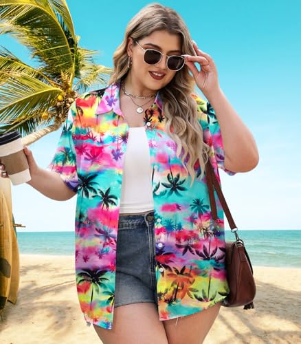 Plus Size Women Hawaiian Shirt Soft Cool Summer Hawaii Shirts Floral Tropic Print V Neck Button Down Shirts Beach Tops4