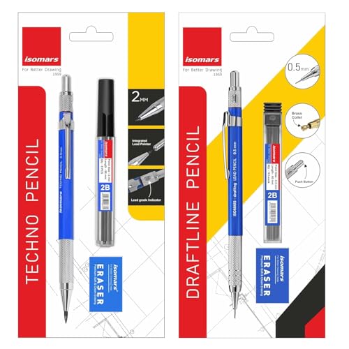 Image of Isomars Draftex 2B Mechanical Pencil Set - 0.5mm & 2mm Blue Technical Pencils with Graphite Leads & Erasers | Drafting, Drawing, Sketching, Engineering & Writing Set of 2
