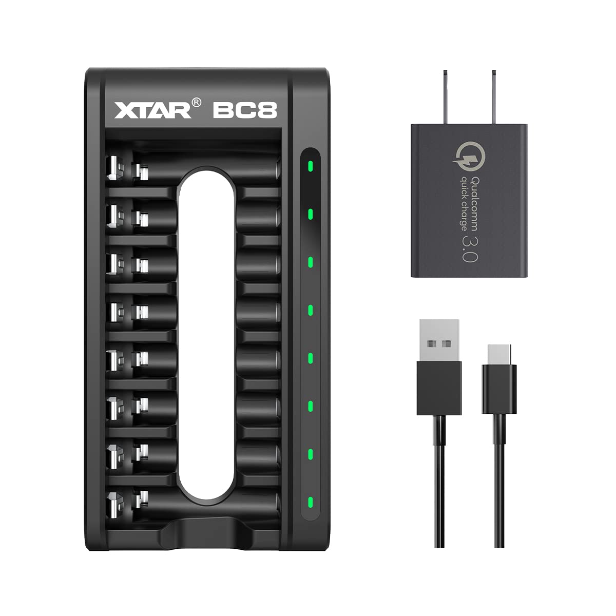 XTAR New BC8 8 Bay Fast Type C Charger for 1.5V AAA AA Lithium and 1.2V Ni-MH AA AAA Rechargeable Battery (BC8 Charger+QC3.0)