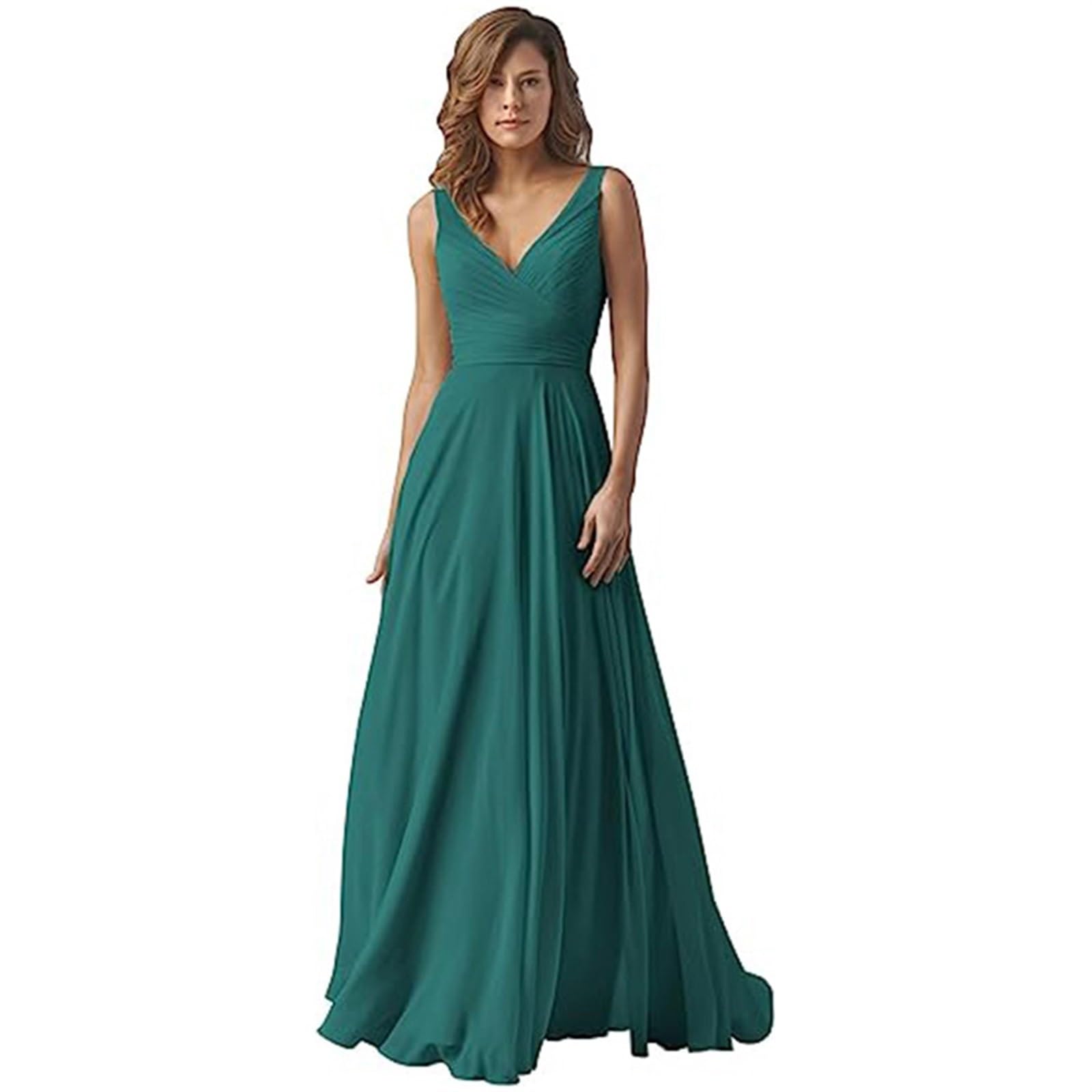 Vestidos de Dama de Honor for Mujer, Vestidos de Dama de Honor de Gasa con Cuello en V for Boda, Vestido Formal Largo de Cintura Alta for Bodas, Vestidos de Noche Fruncidos de línea A