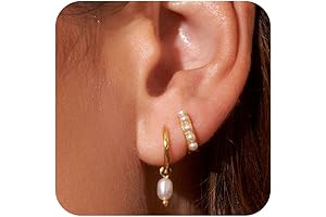 14k Gold Earrings for Women - Hypoallergenic Pearl and Hoop Earring Set