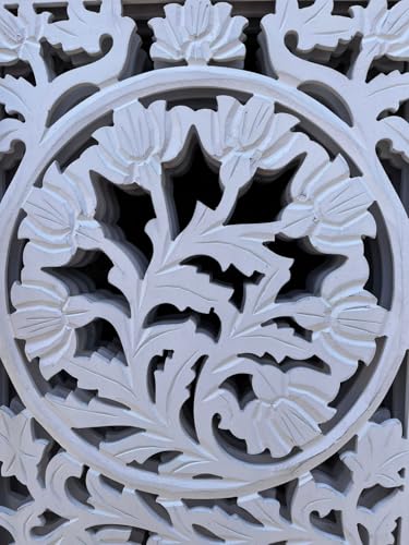 Image of Wooden Room Divider Decorative Foldable Privacy Screen Hand Carved Partition for Living Room Bedroom Office Decor (6 Feet 4 Panel Pearl White Each Panel Size 72X20 Inch)