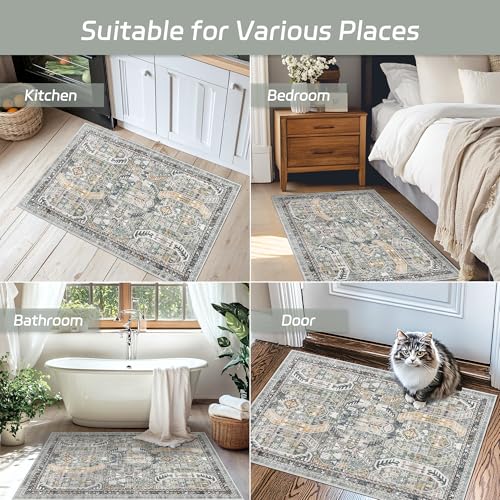 Madane Washable Area Rug 2x3, Small Entryway Rug Non-Slip Vintage Door Mat Indoor Entrance, Low Pile Floor Carpet for Inside Front Door Bedroom Kitchen Entry Laundry (2'x3', Green/Gold)