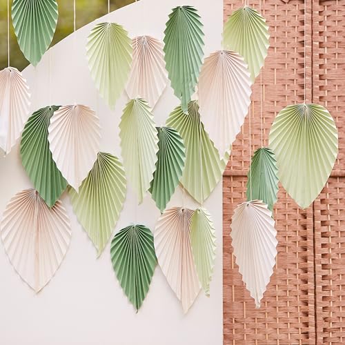 Ginger Ray Sage Green and Neutral Paper Plan Spear Fan Party or Wedding Decorations Pack of 25, Cream - Image 2