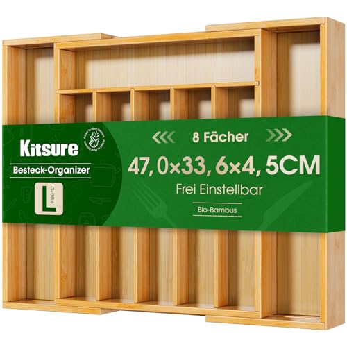 Kitsure Besteckkasten für Schubladen - Schubladen Organizer Küche mit 8 Fächern, stabiler Besteckkasten aus Bambus als vielseitiger Küchen...