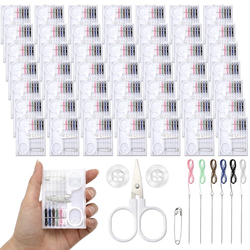 Lyksgir 50 Boxes Quick Fix Sewing Kits Bulk Small Travel Sewing Box Portable Pre-Threaded Needle Emergency Repair Tool Including 2 Buttons 6 Colors of Thread 1 pin and Scissors