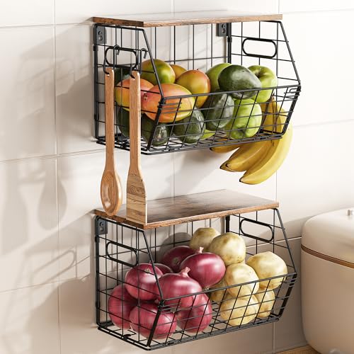 Delamu Stackable Metal Fruit Basket with Wood Lid 2-Pack,Hanging Wall Organizer for Kitchen Counter,Pantry Storage for Onions,Potatoes,Fruits,Spices,Black