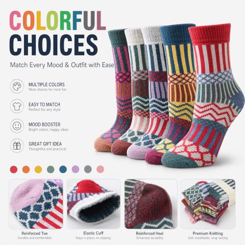 Image of Winter Women Socks 5 Pairs Vintage Wool Casual Thermal Crew Socks