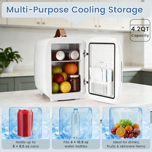 Image of NEWBULIG Mini Fridge for Bedroom, Office & Car, Portable 4L /4.23QT Mini Refrigerator for Skincare with Handle, Ultra-Quiet Energy-Saving Compact Cooler for Drinks, Food, Skincare & Makeup, 12V AC /DC