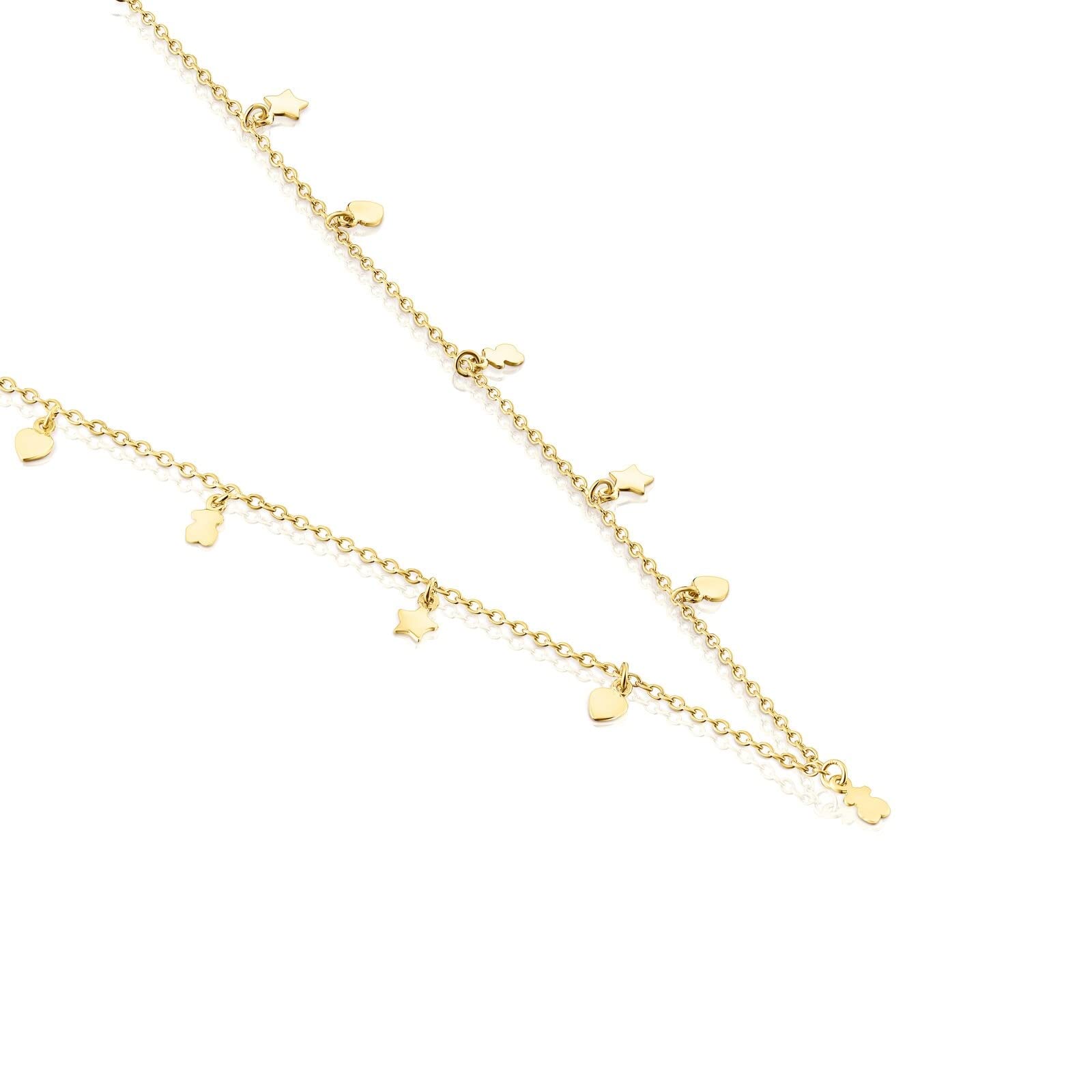 TOUS Collar con Baño de Oro 18Kt sobre Plata para Mujer con Motivos de Osos, Corazón y Estrella 3,5mm y Anilla de 40cm, Largo 43 cm, Atemporal y Elegante, Colección Cool Joy