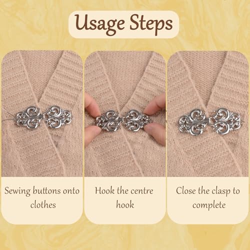 WANDIC Cloak Clasp Verschlussverschlüsse, 2 Paare Swirl Flower Cape Verschlüsse Nähen auf Haken und Augen Cardigan Clip, Silber (Nötig zu Nähen)