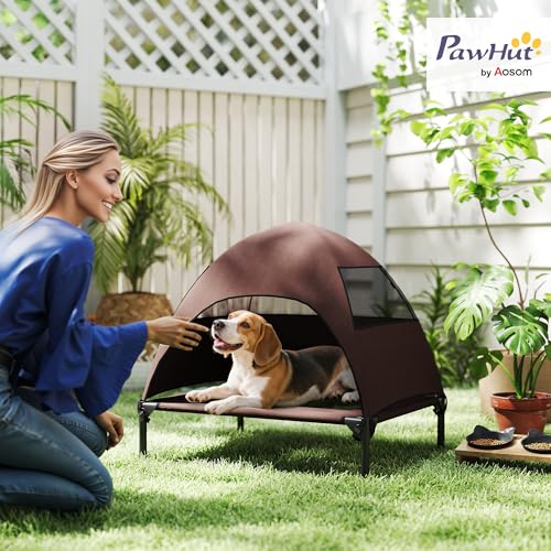 PawHut Hundeliege Outdoor mit Dach, Erhöhtes Hundebett für Mittelgroße Hunde, Kühlendes Haustierliege mit Waschbares Mesh Stahlrahmen Tragtasche, Haustierbett für Draußen Camping 76x61x71cm, Kaffee