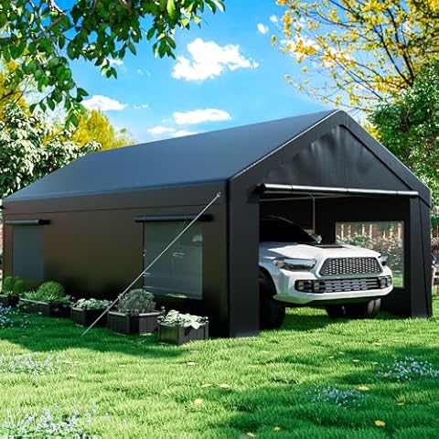 AirWire Carport 12' x 20' Heavy Duty Portable Garage, Carport Canopy with Side-Opening Door & Roll-Up Windows, Car Canopy Reinforced Four-Hole Base for Car, Truck, Boat, Party, Black Cover