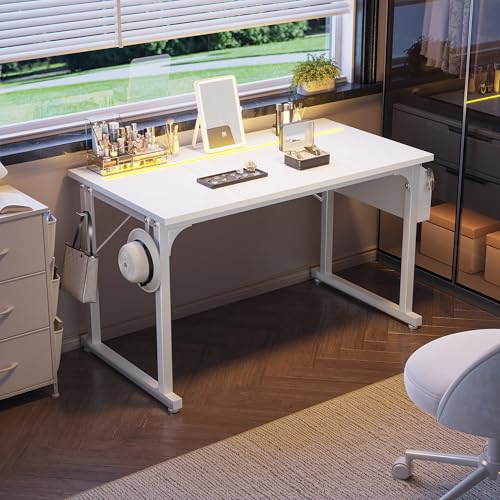 Image of DurayLoly 48 Inch Computer Desk with LED Lights for Home Office,Bedroom Study Desk for Teens, Sturdy Metal Frame,Headphone Hook & Storage Bag,Small Space Design,White