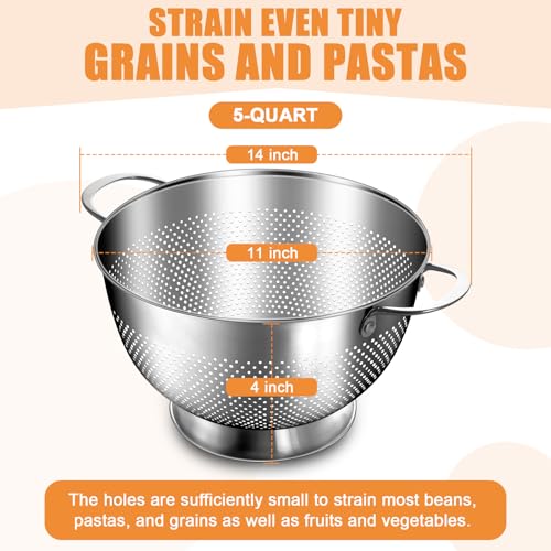 Image of Stainless Steel Colander for Kitchen | 5 Quart Durable Rice and Pasta Strainer with Handle | Oversized Handles | Nesting Design | Rust-Resistant & Dishwasher Safe