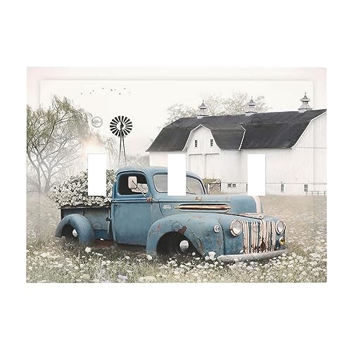 Farmhouse Truck Flowers Barn Old Car And Flowers 3 Gang Wall Plate Decorative Light Switch Plate Cover Triple Toggle Faceplate Electrical Switchplate for Bathroom Kitchen Bedroom Decor