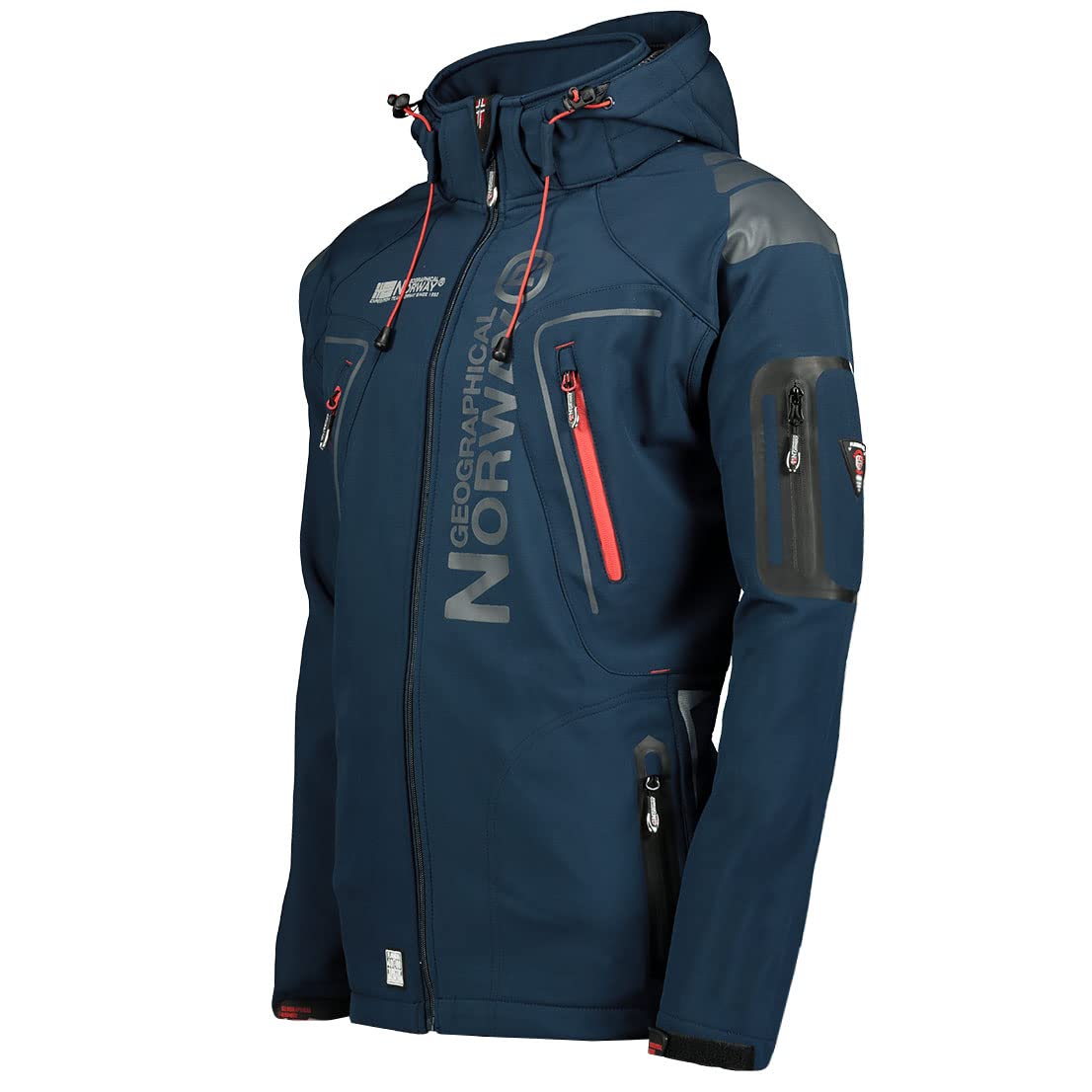 Geographical Norway Techno Men Distribrands - Chaqueta Softshell Impermeable Hombres - Capucha Hombre Transpirable Exteriores - Chaqueta Invierno Viento (Marina/Rojo M)