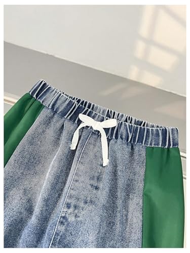 SweatyRocks Boy's Color Block Loose Straight Leg Jeans Elastic Waist Striped Denim Pants3