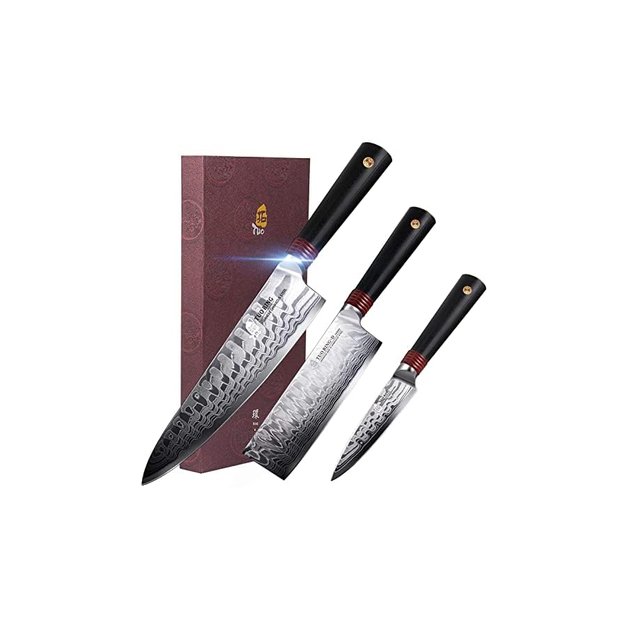 TUO-Damascus-Kitchen-Knife-Set-3-Piece-8-Chef-Knife-65-Nakiri-Knife-and-35-Paring-Knife-Japanese-AUS-10-High-Carbon-Stainless-Steel-Full-Tang-G10-Handle-Gift-Box-Ring-D-Series TUO Damascus Kitchen Knife Set 3 Piece, 8" Chef Knife, 6.5" Nakiri Knife and 3.5" Paring Knife, Japanese AUS-10 High Carbon Stainless Steel, Full Tang G10 Handle - Gift Box - Ring-D Series