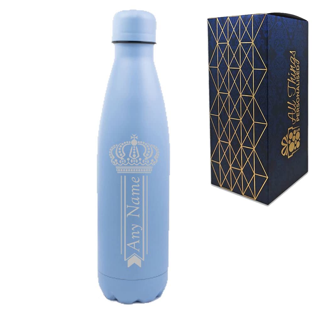 Personalised Engraved Blue 500ml Thermal Bottle, Personalise with Any Name with Crown Design