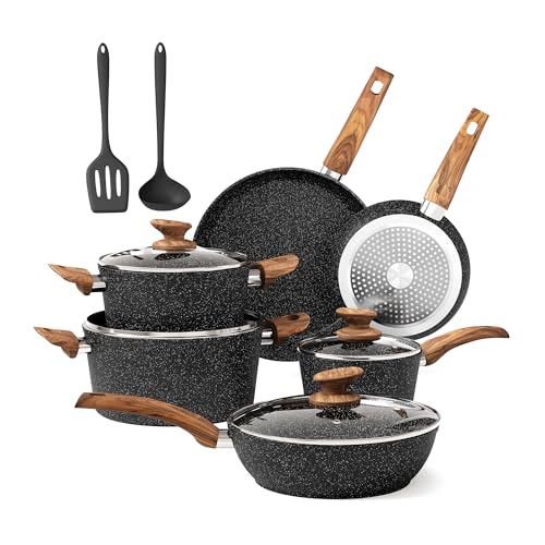 Image of DishDelight Non Stick Pots and Pans Set, 12 Piece Kitchen Cookware Sets | Granite Pans Set for Cooking, Compatible with Induction, Gas & Electric Stoves, PFOA & PFOS Free, Even Heating, Easy to Clean