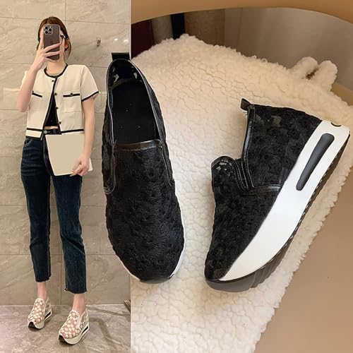Embroidery Floral Mesh Sneakers for Women 2025, Womens Platform Wedge Sneakers,Breathable Lace Mesh Sneakers,Chunky Hidden High Heels Slip On Shoes with Arch Support Walking Low Top Loafers3