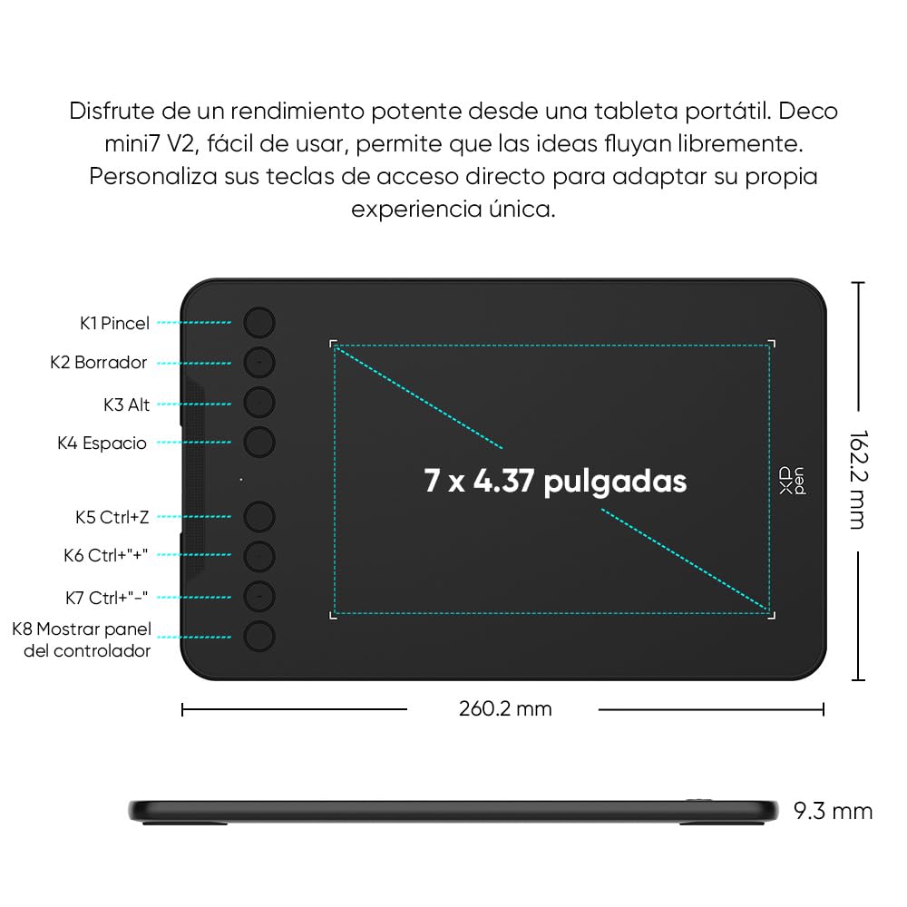 XPPen Deco Mini7 V2 Tableta Gráfica 7x4 Pulgadas Lápiz 16384 Niveles 8 Atajo Tableta Dibujo para Creación Móvil o Educación/Trabajo Remoto