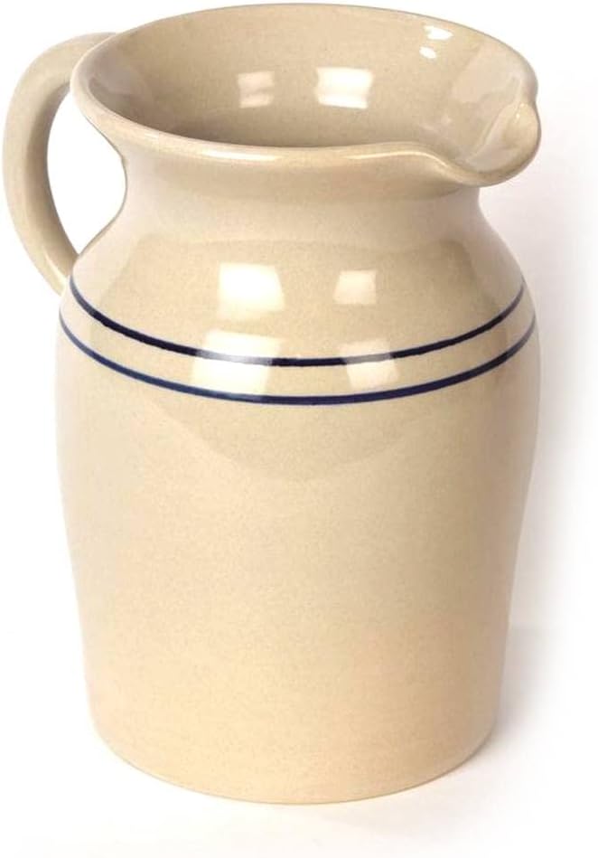 Large Beige and Blue Stoneware Pitcher Vase for Hot or Cold Beverages