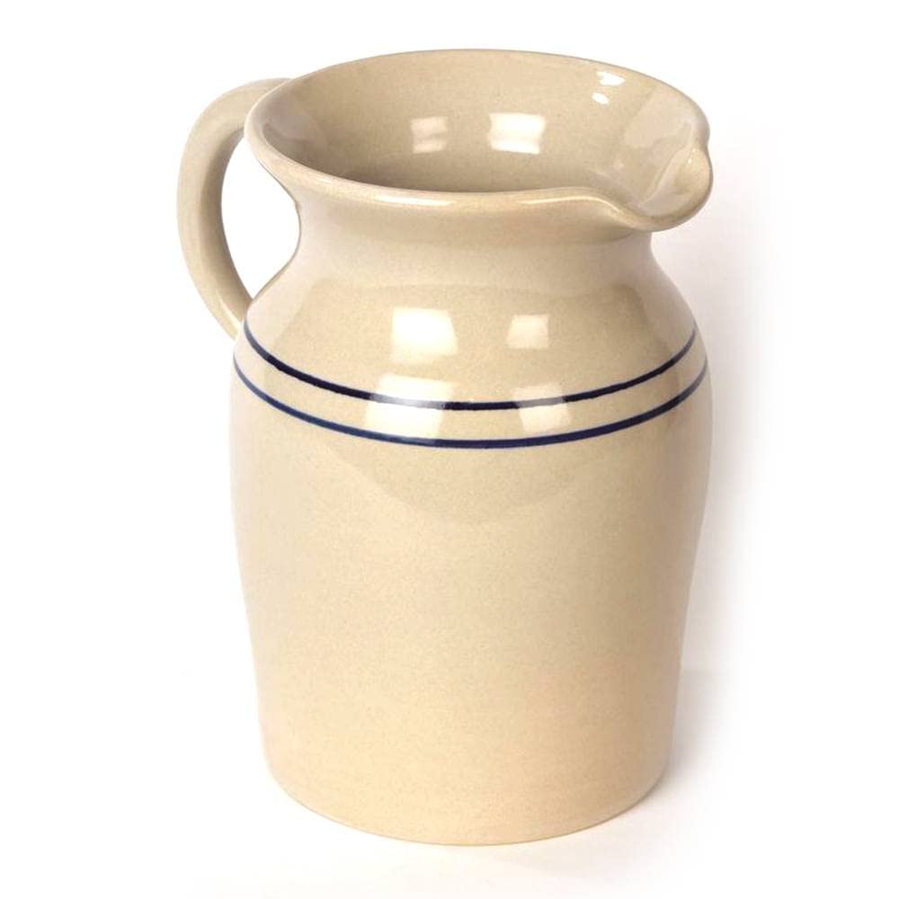 Martinez Pottery Stoneware Pitcher Vase, Natural with Blue Stripe Country Decor, Medium