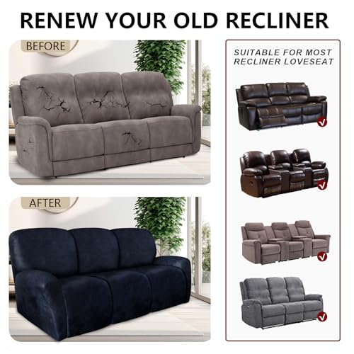 Image of ANARACHON Recliner Couch Cover Leather Look Recliner Sofa Covers for 3 Cushion Reclining Sofa Slipcovers 8-Pieces Furniture Protector Spandex Fabric Washable (3 Seater, 02 Navy)
