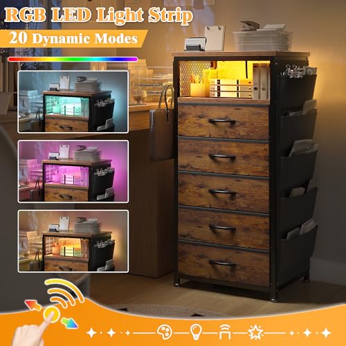 Image of EnHomee Nightstands Set of 2 with 5 Drawers, Dresser with Charging Station and LED Light, Tall Nightstand with Extra Side Bag & Hooks, Bedroom, Closet, Hallway, Entryway, Rustic Brown