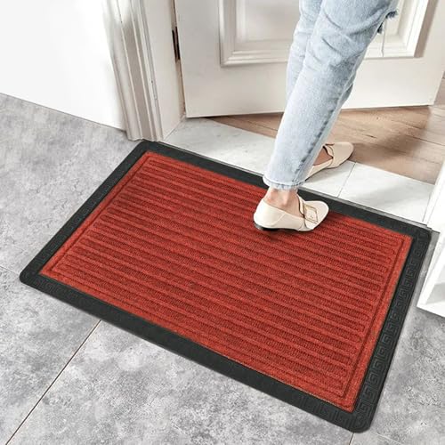 Image of Yellow Weaves 1 Pc Door Mat for Home Entrance, Outdoor Rubber Mat - Non-Slip, Anti Skid Foot Mat, Dirt Trapper, Heavy-Duty, Weather-Resistant, Waterproof Doormat (40x60cms, Stripe, Red Color)