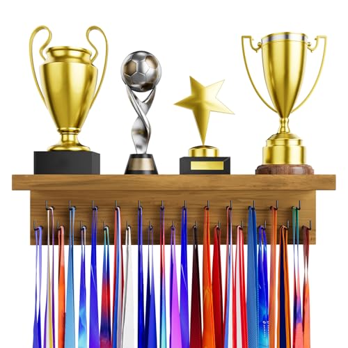 Image of Medal Holder Display Trophy Shelf Organizer, Sturdy Wooden Race Award Hanger Rack with 25 Steel Hooks, Wall Mount Storage Stand for Sports Fans, Cheer Success