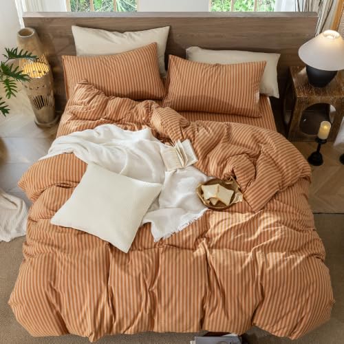 Image of MooMee Striped Duvet Cover Set 100% Washed Cotton Linen Like Queen | Relaxed Linen-like Texture. Soft, Breathable & Long-lasting Comfort. Lightweight. Hidden Zipper with 8 Interior Corner Ties