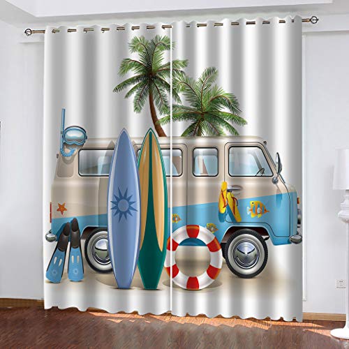 MAYNUO Cortinas Infantiles Niña 3D Playa Autobús Coche Cortinas Opacas 2 Piezas Cortinas Termicas Aislantes Frio Y Calor Cortina 140x160 Cm Cortinas Baratas, Salon, Habitacion Juvenil, con Ojales