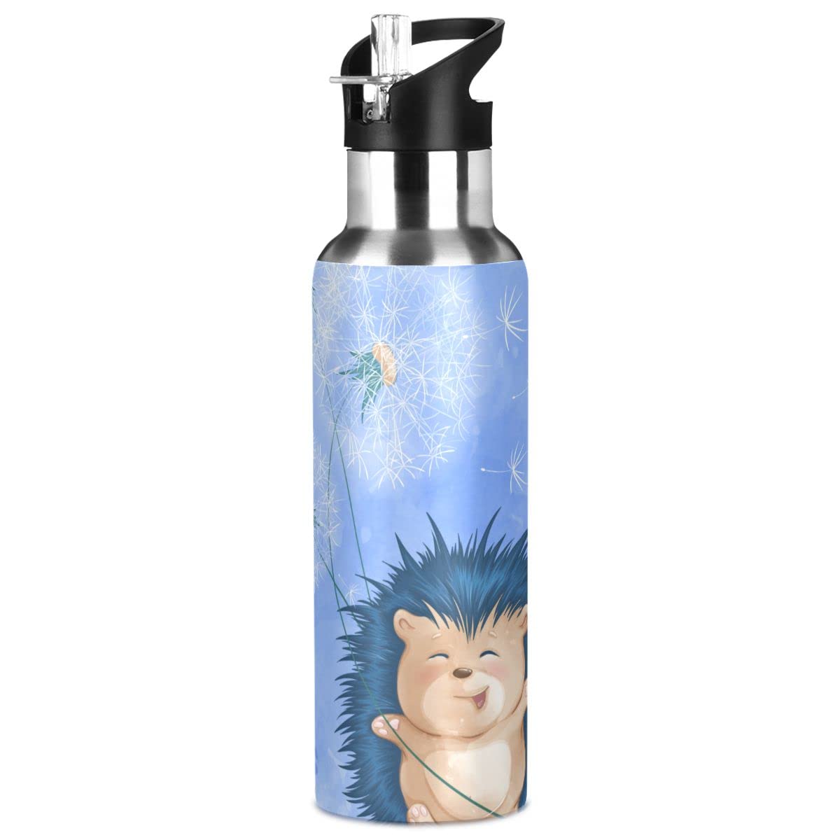 Edelstahl Wasserflasche mit Strohhalm, Igel fröhlich isolierte Trinkflasche Sport Wasserflasche für Kinder Erwachsene, auslaufsicher, 1L
