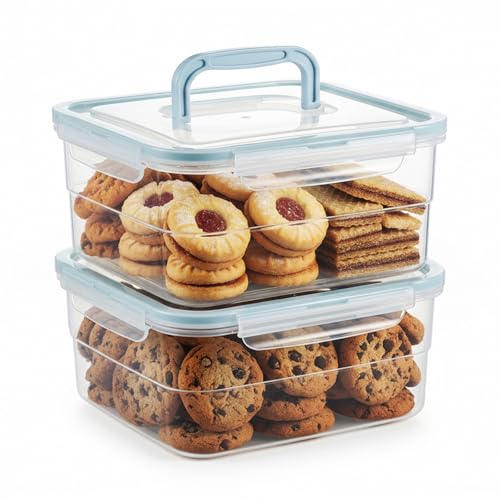 Image of Cookie Containers for Airtight Storage, 2 Pack 3.2L Large Square Food Storage Containers with Lids and Silicone Seal, Reusable Plastic Containers for Cookies, Muffins, and Baked Goods (Blue)