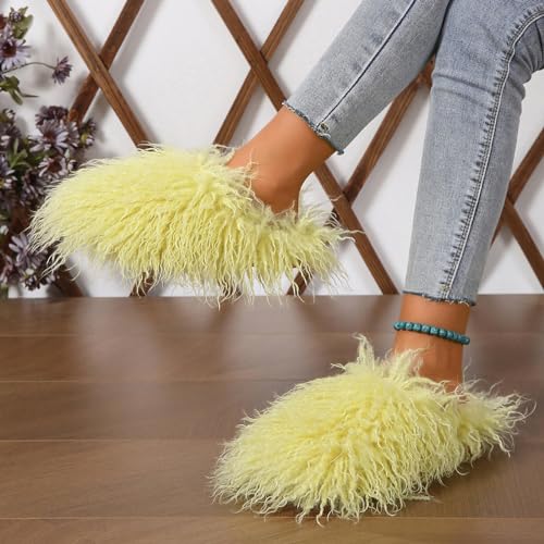 Image of Unisex Fuzzy Faux Fur Slippers, Women's Fluffy Long Hair Sheep Faux Fur Slip on Slides, Girls Luxury Big Fluffy Outdoor Flat Slippers, Long Curly Hair Non-Slip Warm Home Slide Shoes