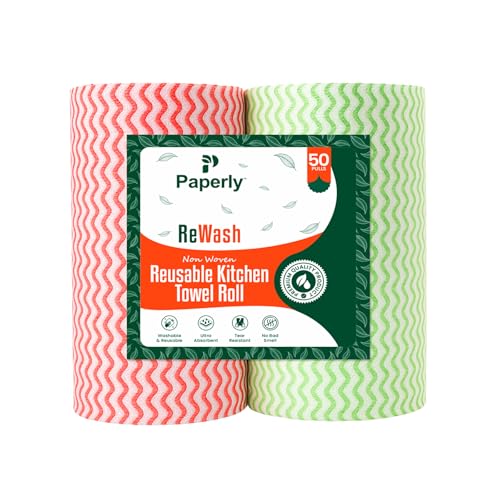 Image of Reusable Non Woven Kitchen Towel Roll | Ultra Absorbent Washable & Quick Dry Cleaning Wipes | Antimicrobial Anti-Odour Multipurpose Tissue Alternative for Dishcloth Cleaning, 50 Pulls, Pack 2